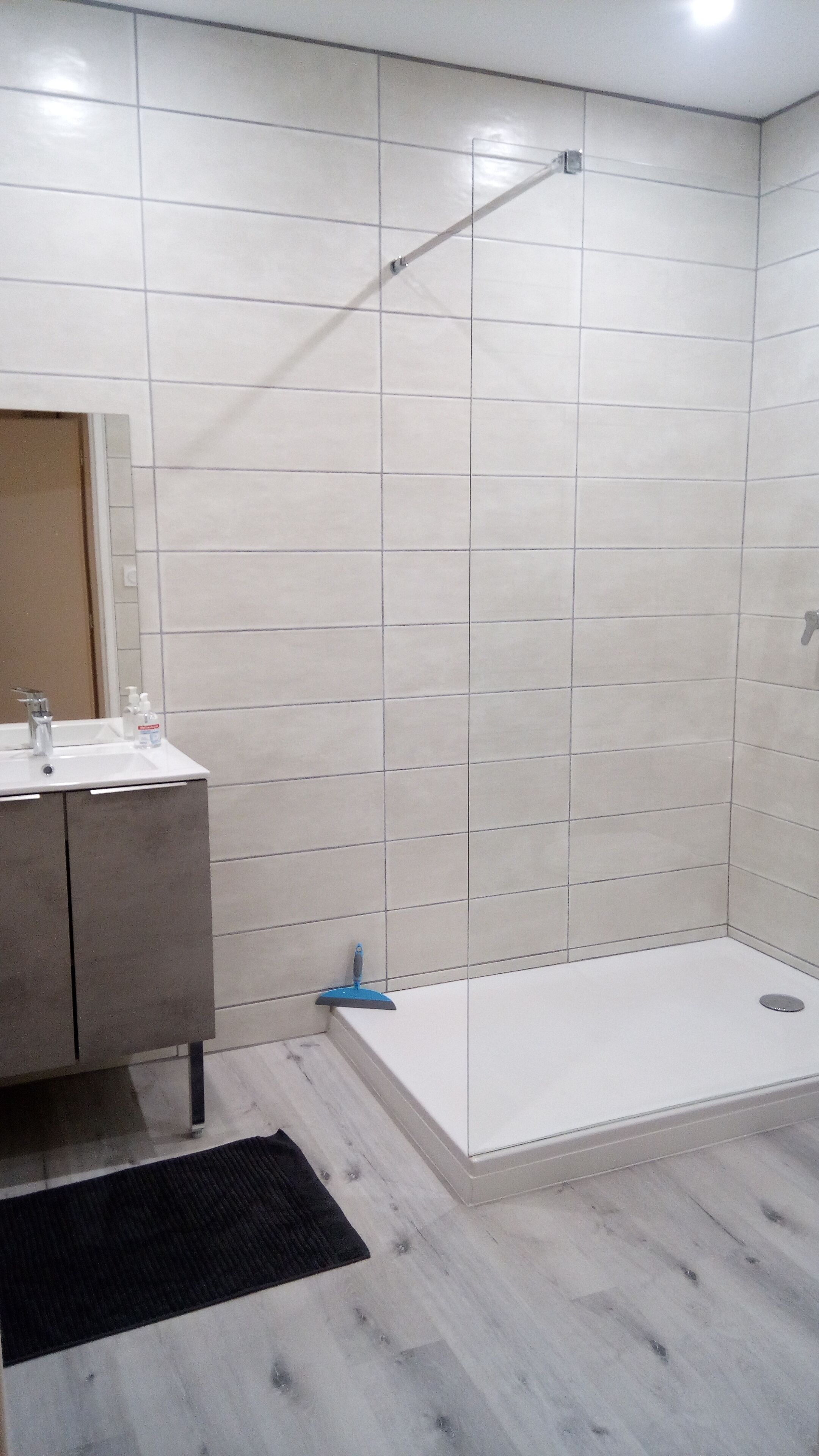 A modern bathroom with a shower, a sink, and a mirror.