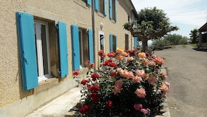 A building with blue shutters and a row of windows. There is a garden with various colored roses in front of the building.