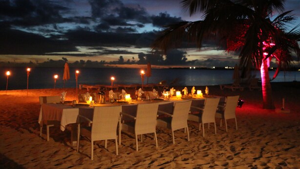 Un montaje para cenar en la playa con mesas y sillas, una palmera y vista al océano al atardecer.