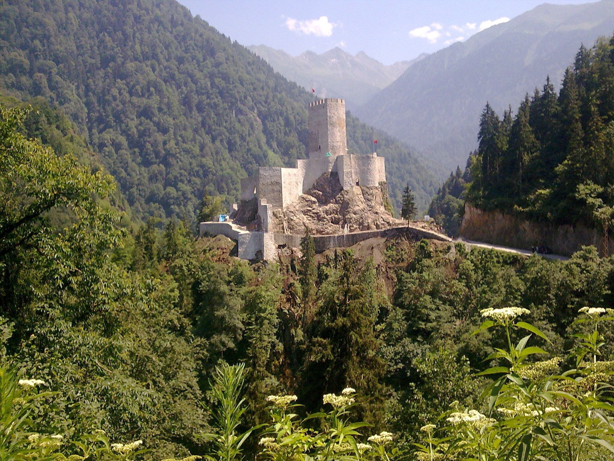 A medieval castle perched on a hill with lush greenery and mountains in the background.