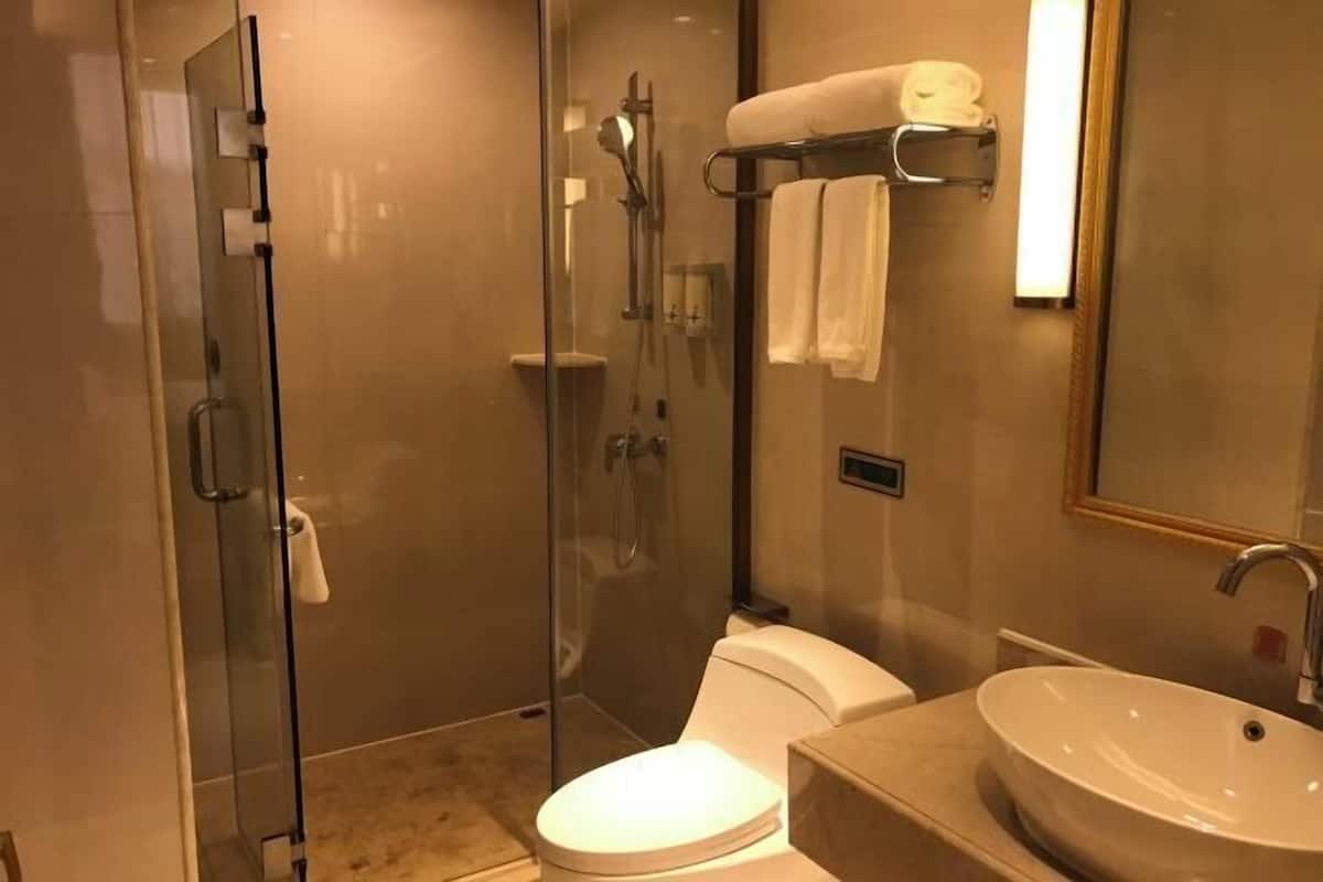 Un baño moderno con ducha de vidrio, inodoro y lavamanos con espejo.