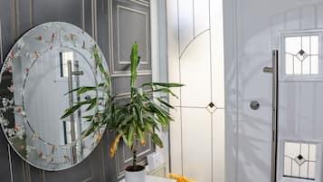 A bathroom with a round mirror, a potted plant, and a door with a geometric glass design.