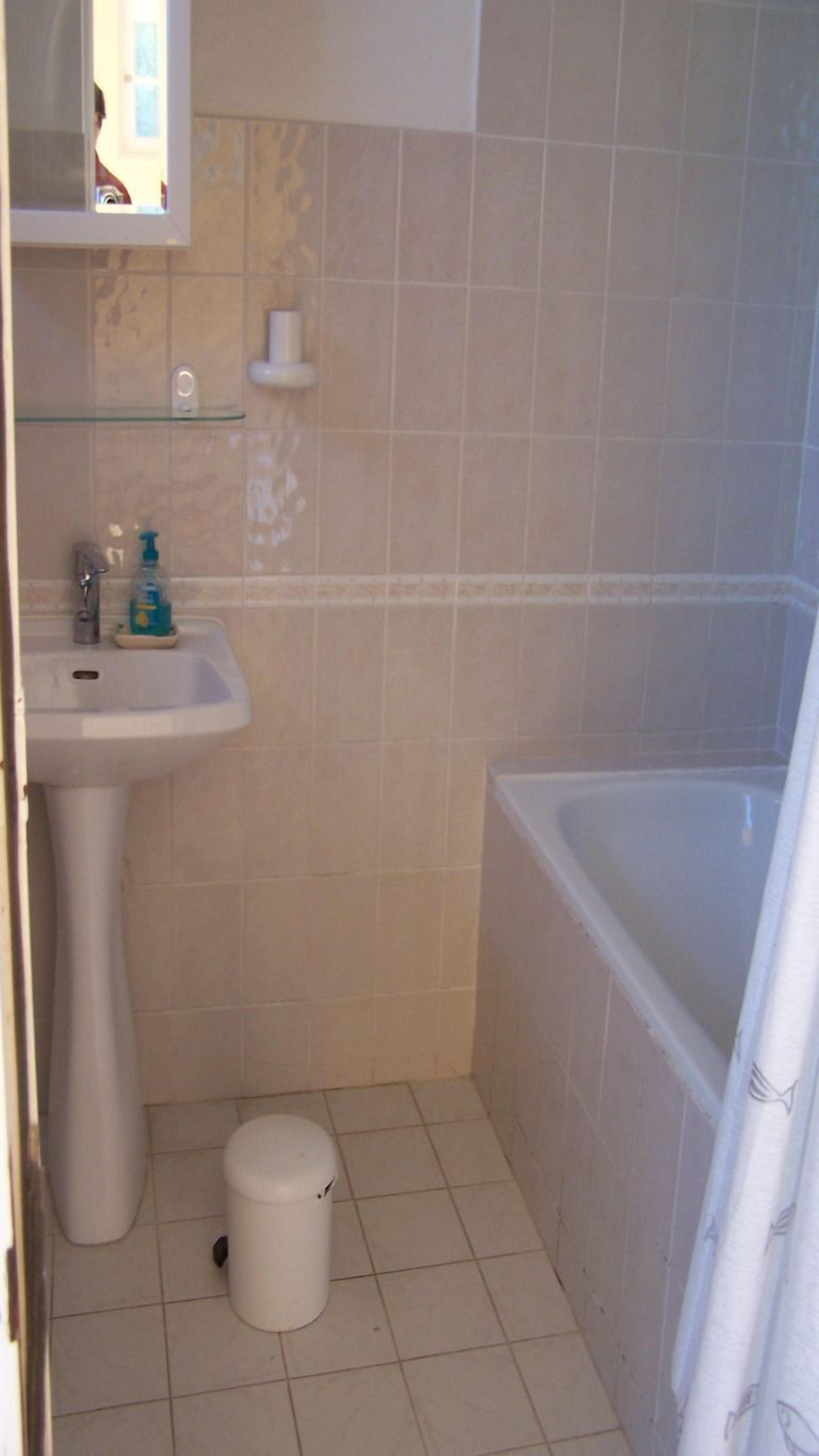 Ein Badezimmer mit einem Standwaschbecken, einer Toilette und einer Badewanne.
