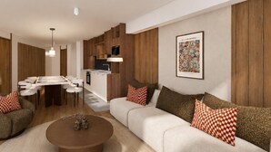 A modern living room with a sofa, coffee table, and a dining area with chairs.