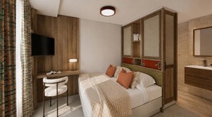 A hotel room with a bed, a desk, a chair, a TV, a mirror, and a bathroom.