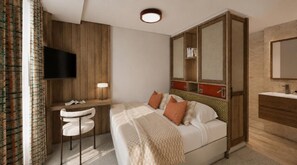 Habitación de hotel con cama, escritorio, silla, televisor, espejo y baño.