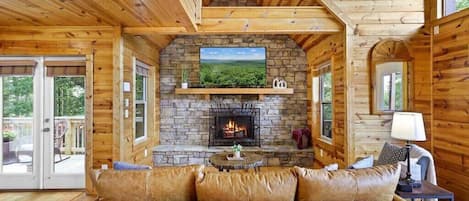 TV, fireplace, books, stereo