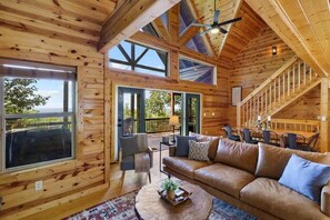 TV, fireplace, books, stereo