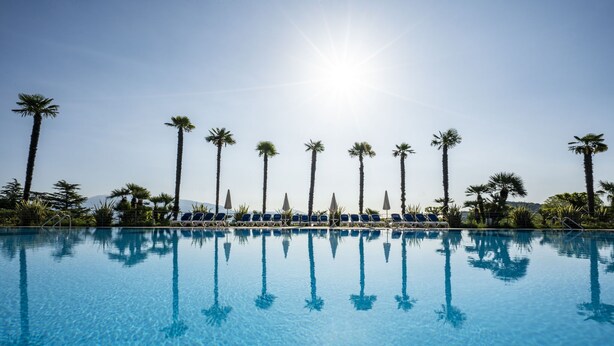 A clear blue pool with sun reflecting on the water, surrounded by palm trees and lounge chairs. - Apartment in Manerba with barbecue (Manerba sul Garda)