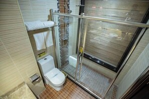 A small, enclosed shower stall with a glass door, a toilet, and a towel rack. - Hanwu International Hotel (Wuwei Pedestrian Street Branch) (Wuwei)