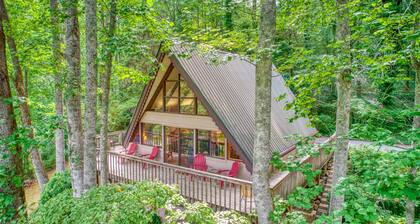 Spacious, dog-friendly A-frame cabin with a furnished deck, gas fireplace, & AC