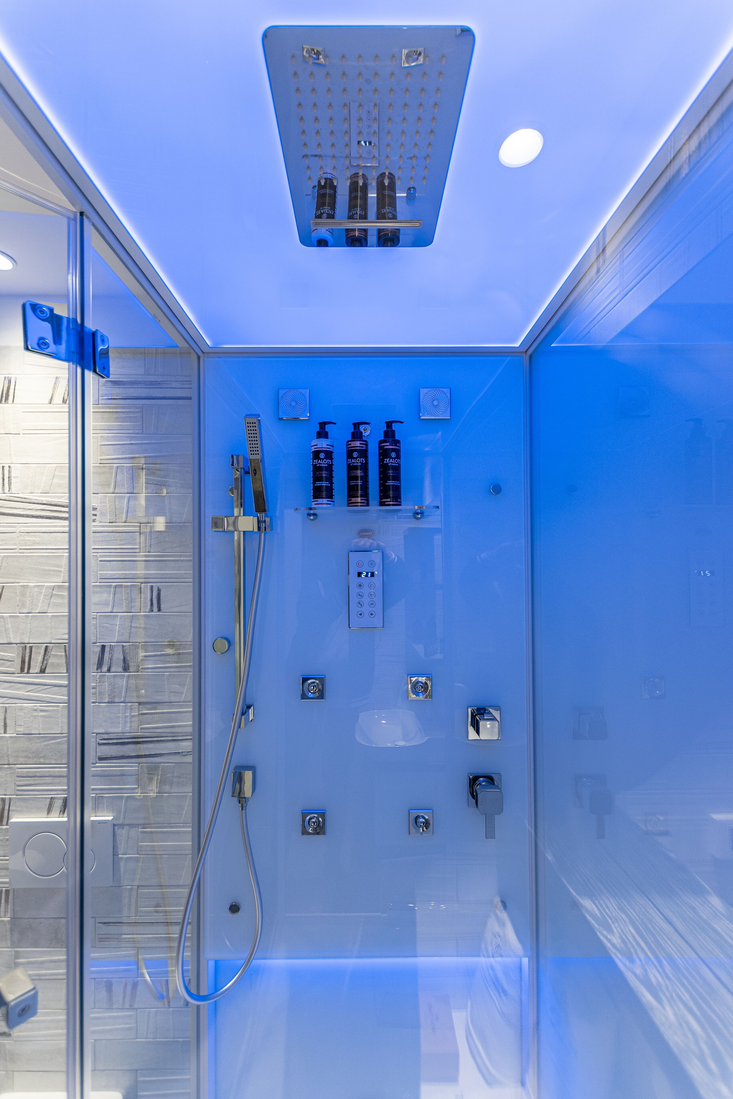 A modern shower area with a glass enclosure, a handheld showerhead, and various toiletries.