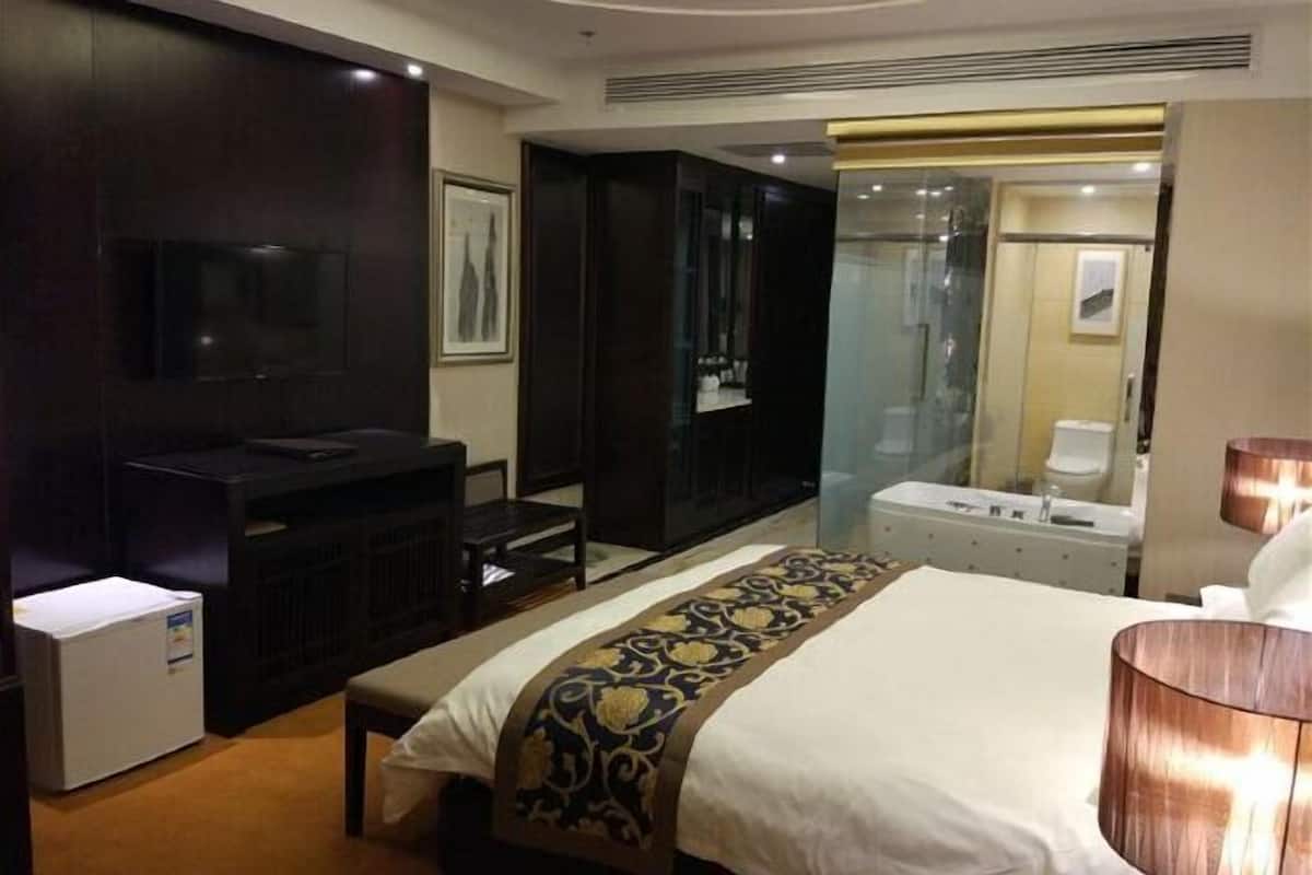 A hotel room with a bed, a desk, a television, a mirror, and a shower area.