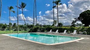 A swimming pool with white lounge chairs and palm trees in the background.