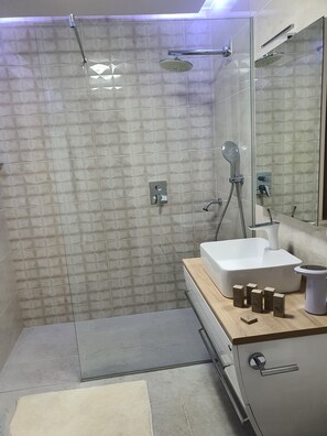 Dusche, Haartrockner, Handtücher, Seife