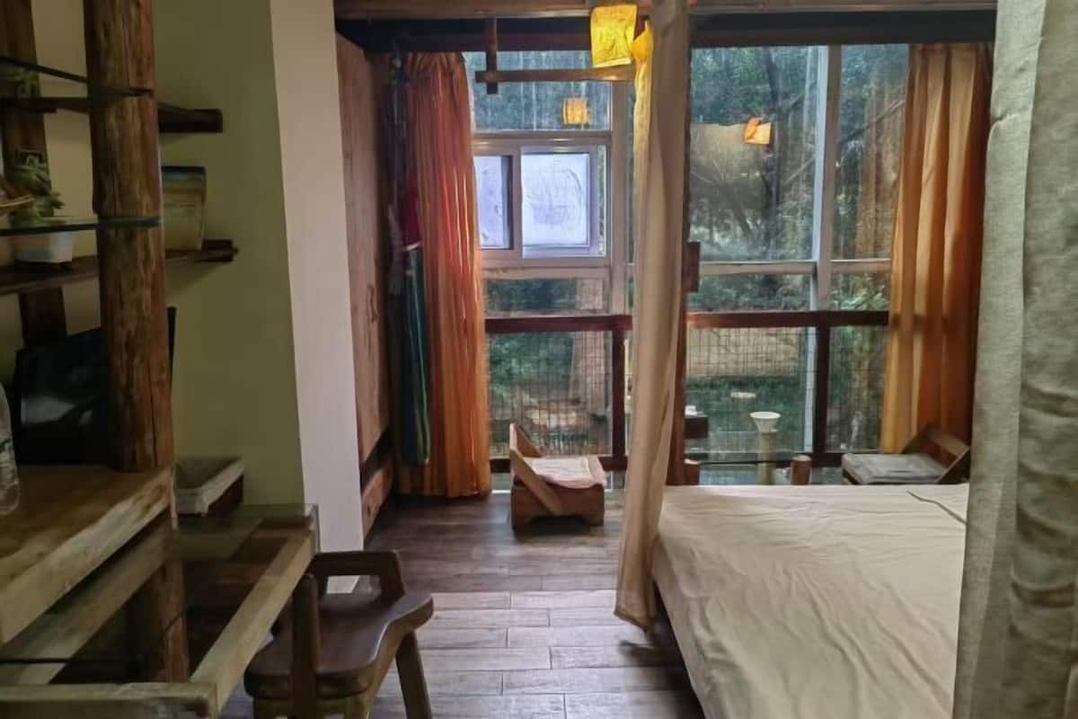 A room with a bed, wooden furniture, a window with curtains, and a view of greenery outside.