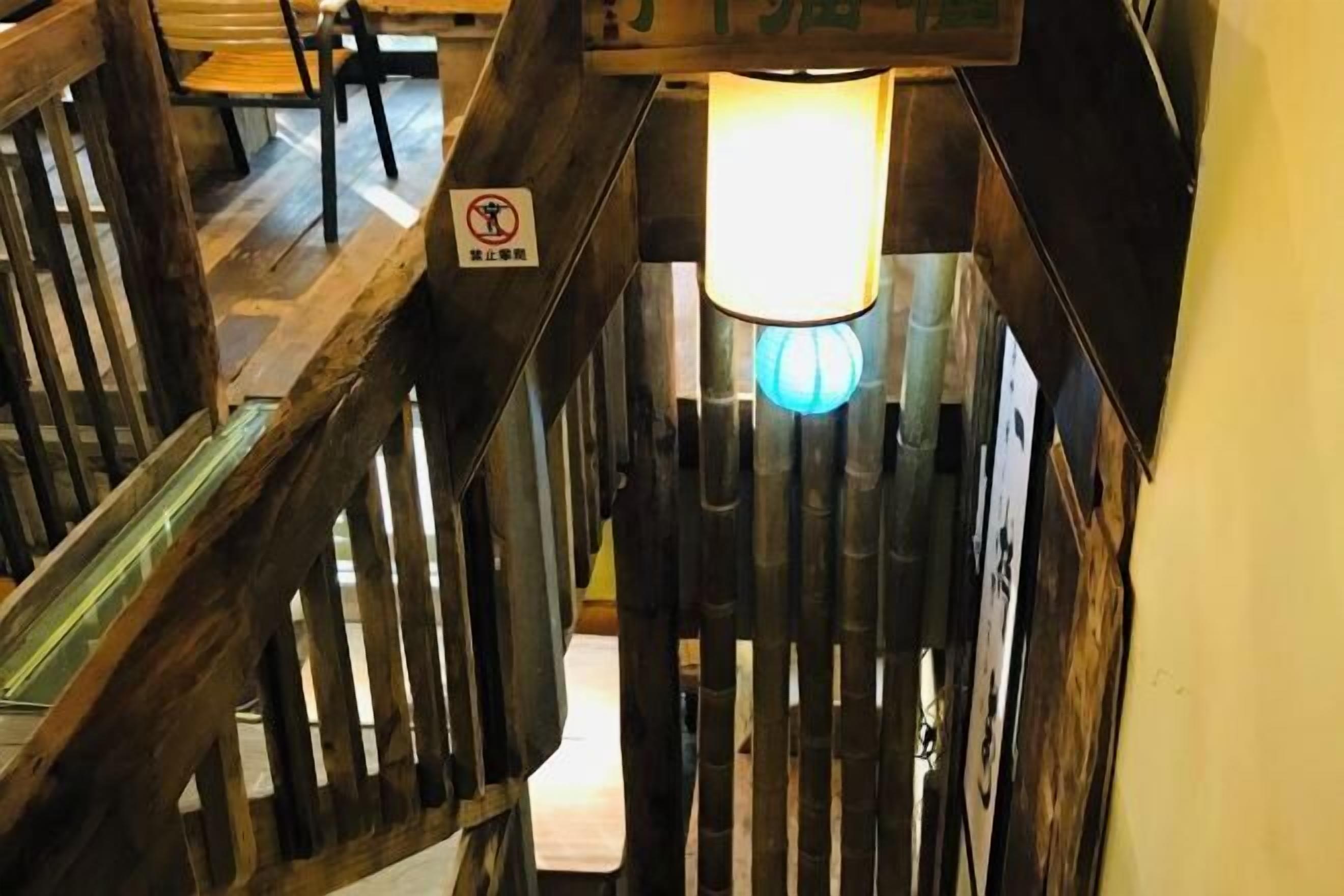 A wooden staircase with a handrail, a light fixture, and a no-smoking sign.