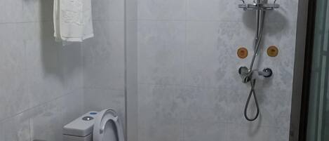 A bathroom with a toilet, a shower, and a towel hanging on the wall.