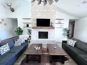 TV, fireplace, table football, stereo