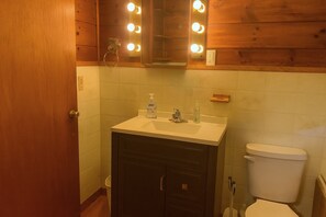 Une salle de bain avec un meuble-lavabo en bois, un lavabo avec des distributeurs de savon, un miroir avec éclairage et des toilettes.