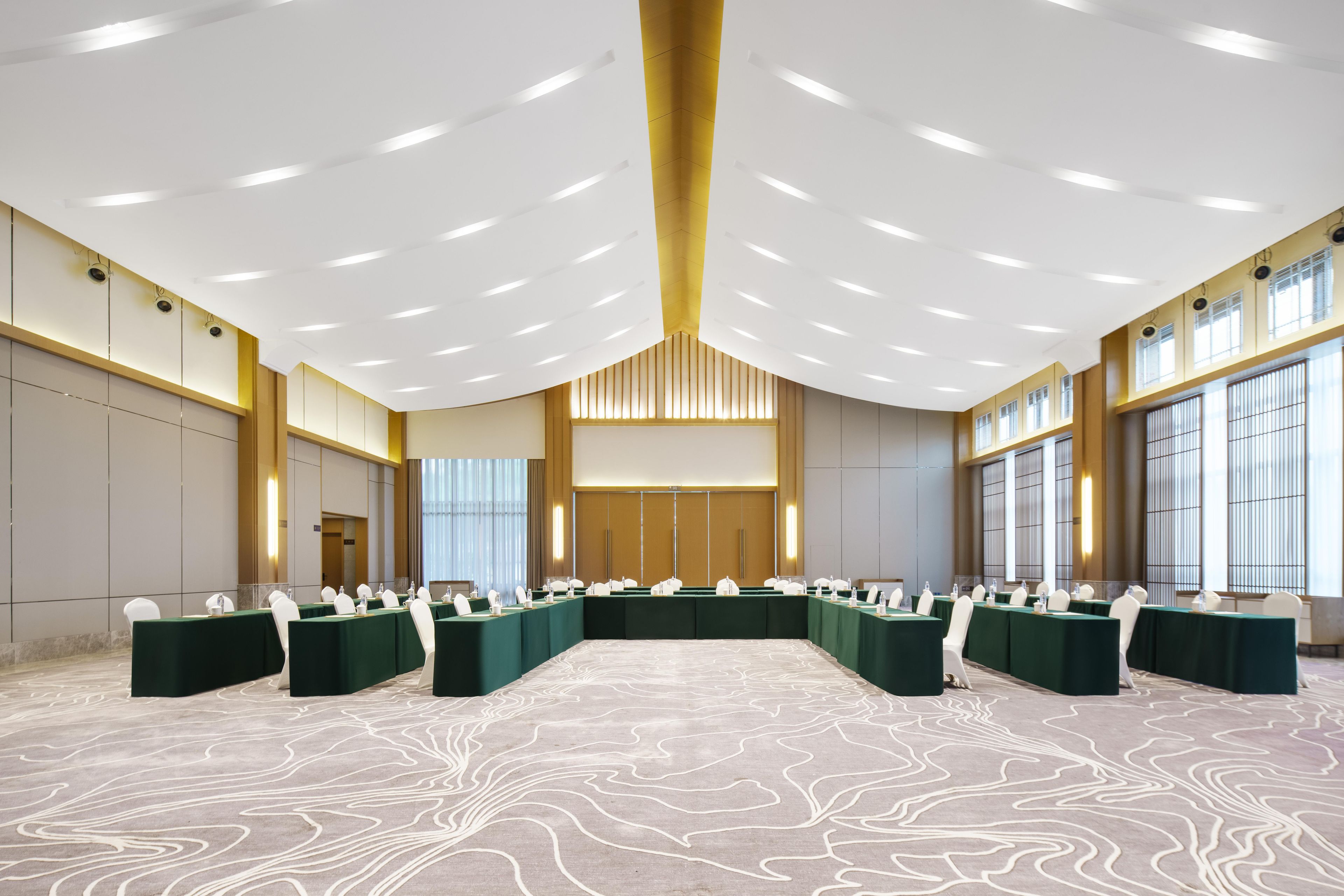 Un amplio salón de conferencias con una larga mesa, numerosas sillas y una alfombra estampada.