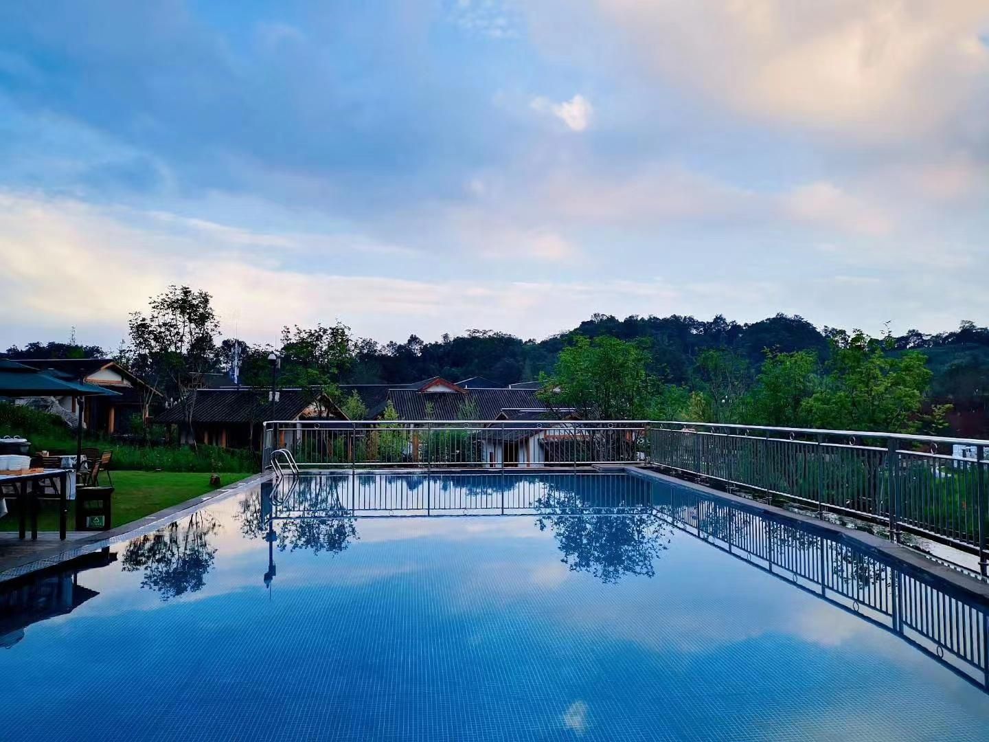 Una piscina rectangular con barandilla metálica, rodeada de césped y árboles.