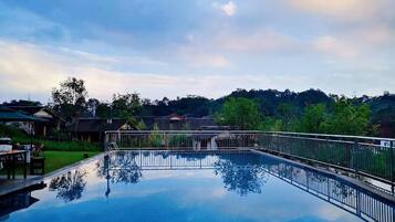 Una piscina rectangular con barandilla metálica, rodeada de césped y árboles.