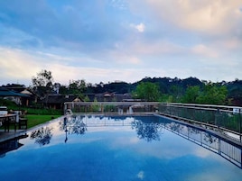 Una piscina rectangular con barandilla metálica, rodeada de césped y árboles.