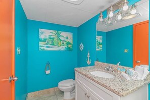 Combined shower/bathtub, jetted bath, hair dryer