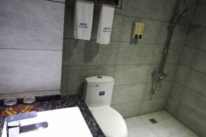 Ein Badezimmer mit Toilette, Dusche und Marmorplatte.