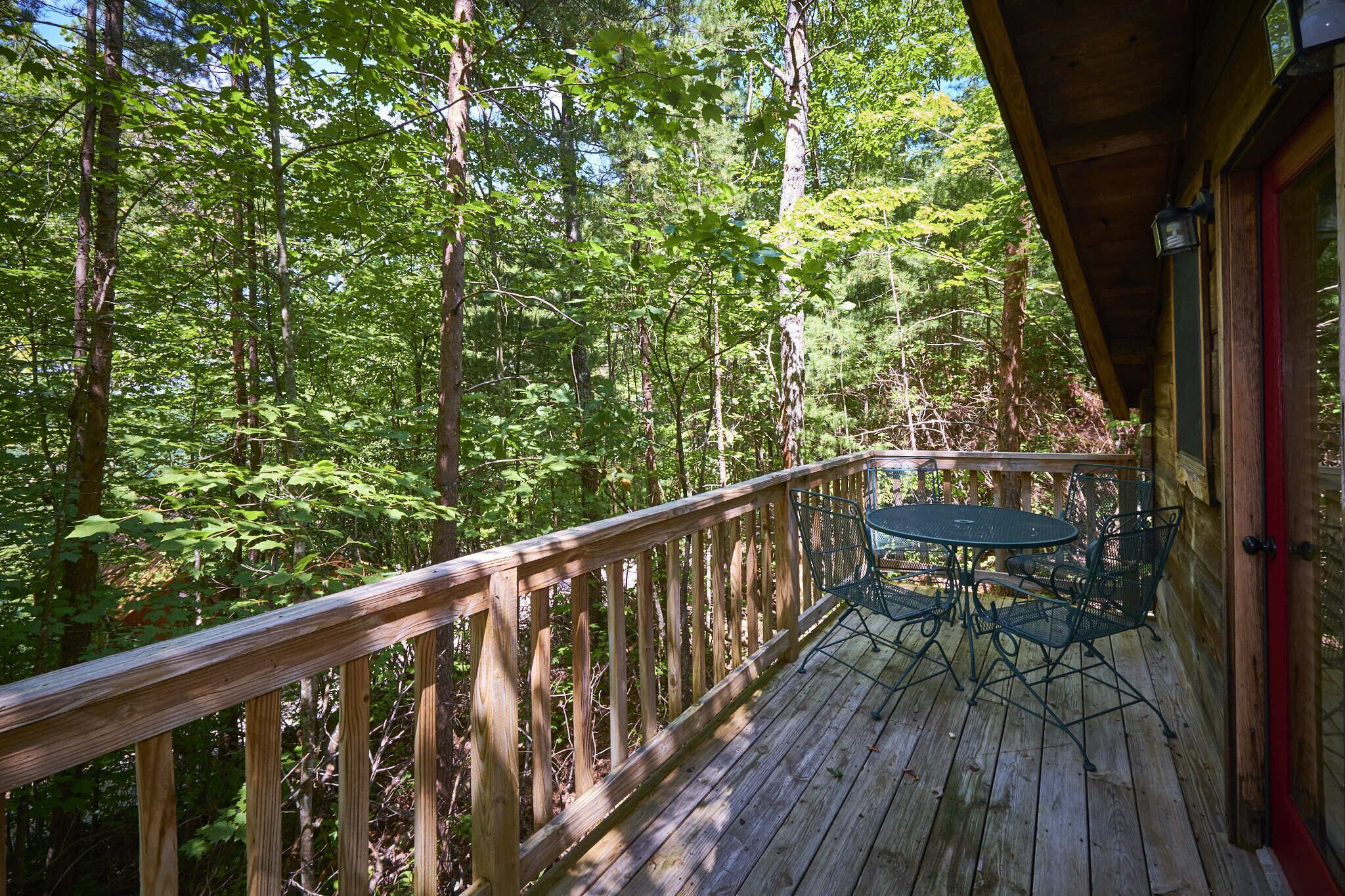 A wooden deck with a table and chairs, surrounded by dense forest.