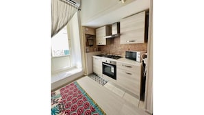 Una cocina compacta con estufa a gas, horno y muebles blancos.