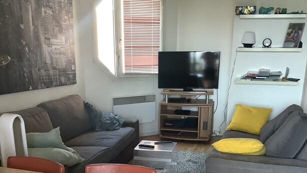 A living room with a sofa, a TV, a table, and a red chair. - Paris 12th (Paris)