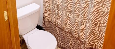 Une salle de bain avec un rideau de douche à motifs, des toilettes blanches et une porte en bois.