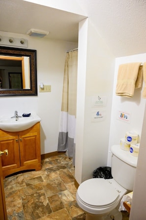Un baño con lavamanos, espejo, inodoro y cortina de ducha.