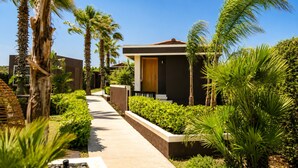 A modern resort with a pathway leading to a building, surrounded by palm trees and well-maintained greenery. -  Voger Alaçatı Social (Cesme)