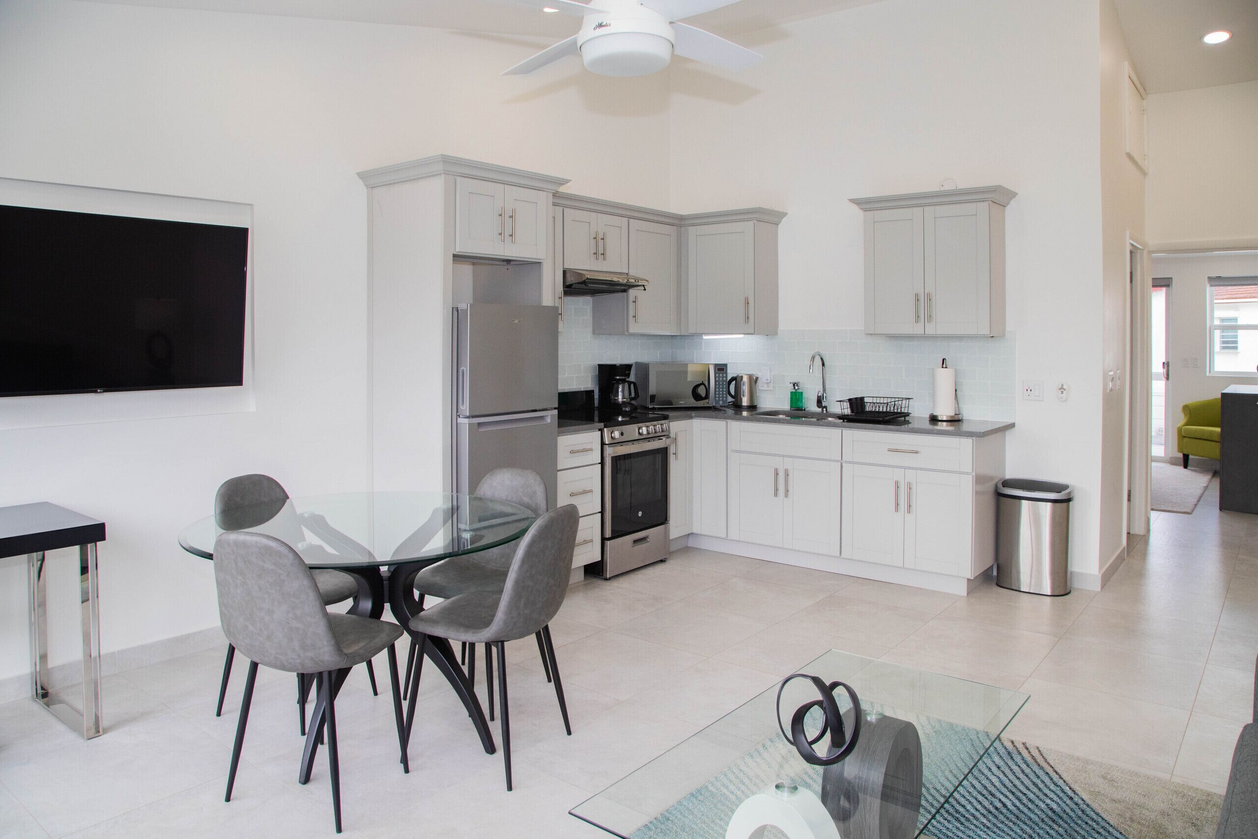 Fridge, microwave, oven, electric kettle