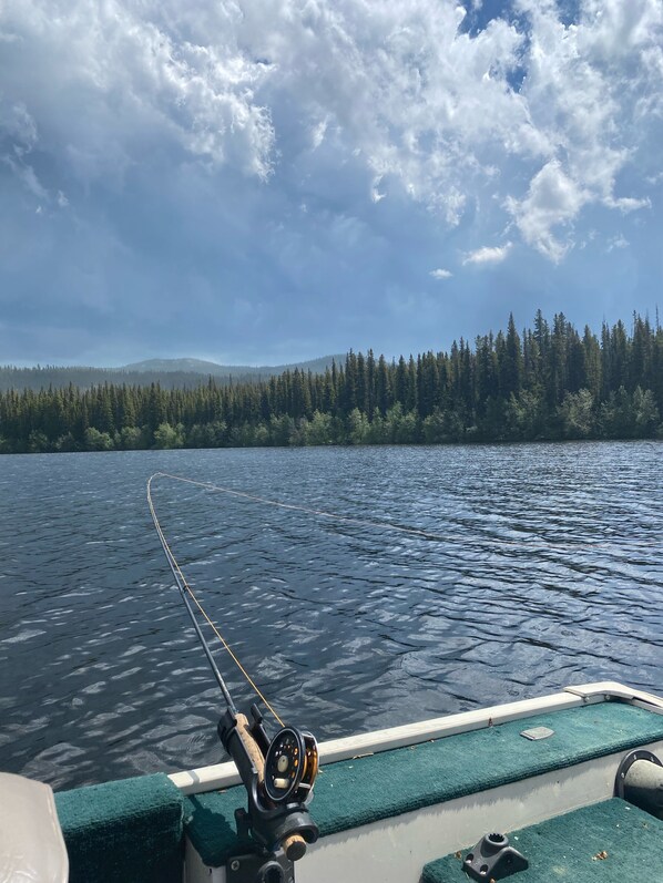 A fishing rod on a boat with a forest and mountains in the background.