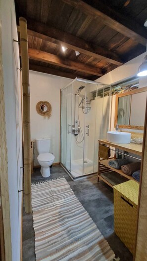 Douche, séchoir à cheveux, serviettes fournies, papier de toilette