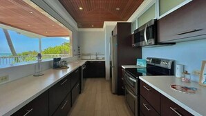 Una cocina moderna con armarios oscuros, electrodomésticos de acero inoxidable y vista al océano.