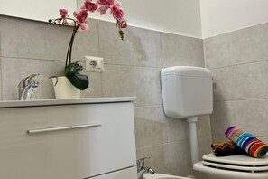 Douche, sèche-cheveux, bidet, serviettes fournies