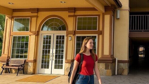 A building with a large entrance, a bench, and a person walking. - Bposhtels Anaheim (Anaheim)