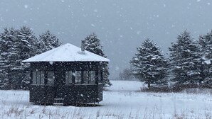 A snow-covered cabin with a symmetrical roof and a chimney, surrounded by snow-laden trees.