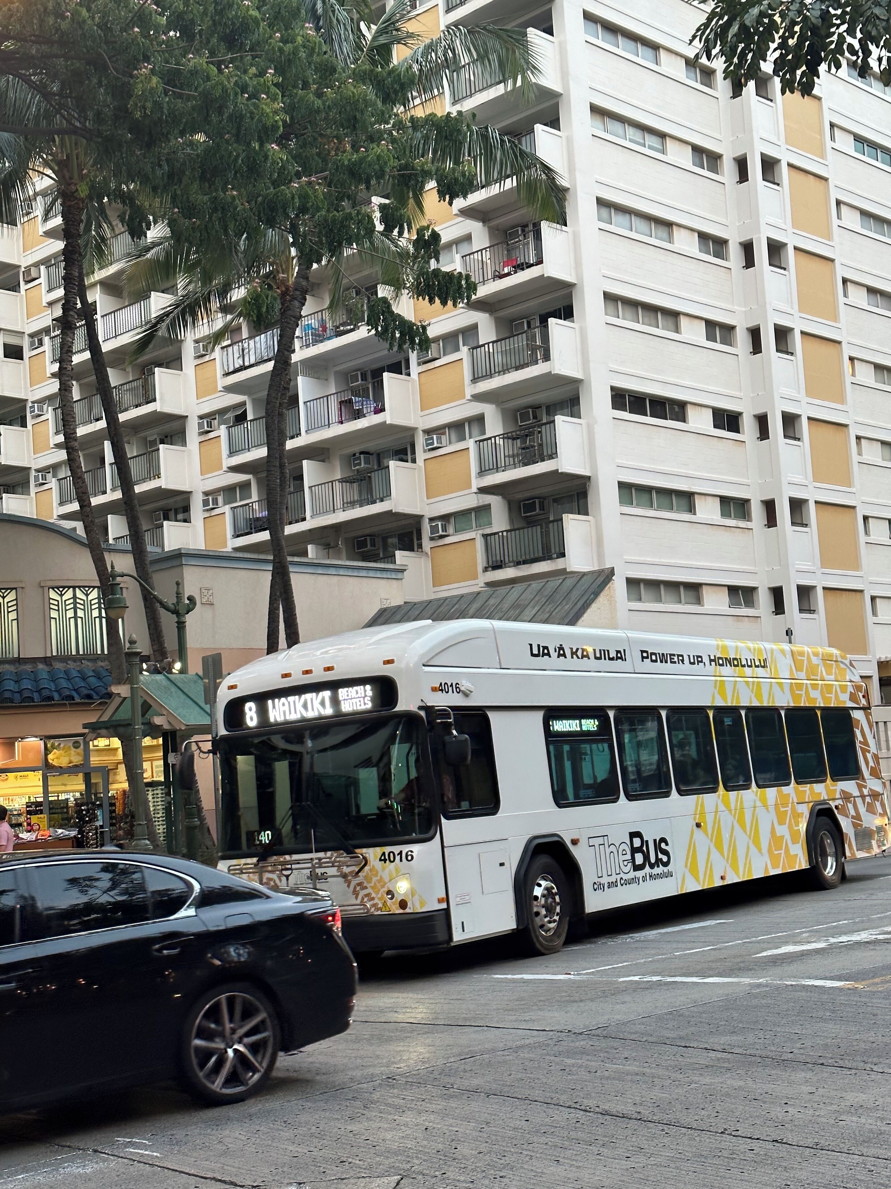 Un autobus arborant les inscriptions « WAIKIKI BEACH & HOTELS » et le logo « TheBus », garé dans une rue de la ville, avec un immeuble à plusieurs étages en arrière-plan.