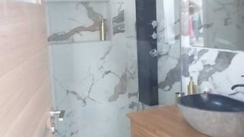 Shower, hair dryer, soap