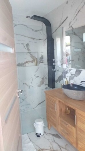 Shower, hair dryer, soap