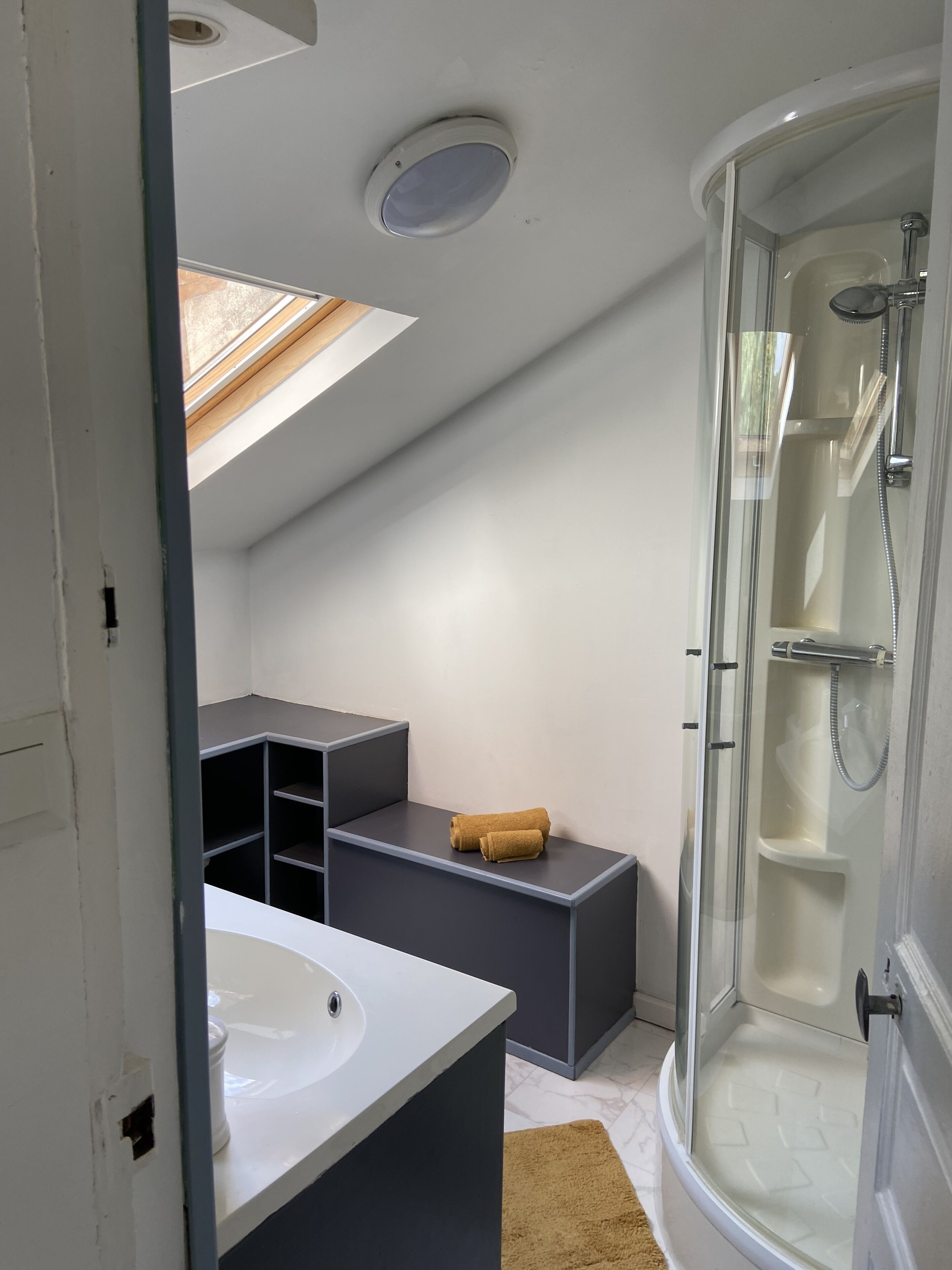 Une salle de bain moderne dotée d’un puits de lumière, d’une douche et d’étagères intégrées.
