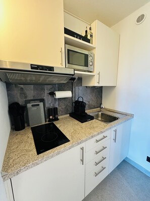 Kühlschrank, Mikrowelle, Herdplatte, Wasserkocher mit Kaffee-/Teezubehör