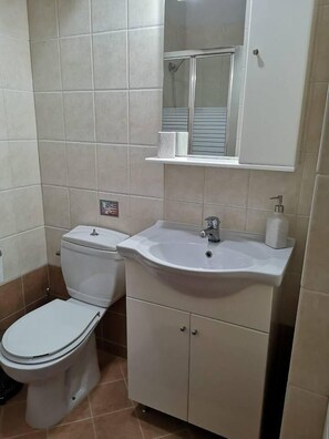A bathroom with a toilet, sink, and mirror. - Apartment - Sleeps 5 - Parking - Private Terrace (Kalymnos)