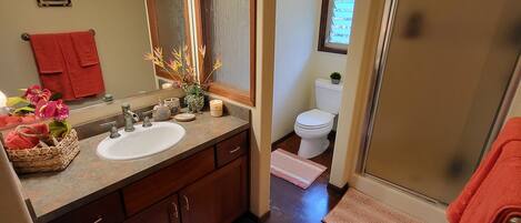 Baño con lavamanos, espejo e inodoro. Cuenta con una zona de ducha con puerta de vidrio.